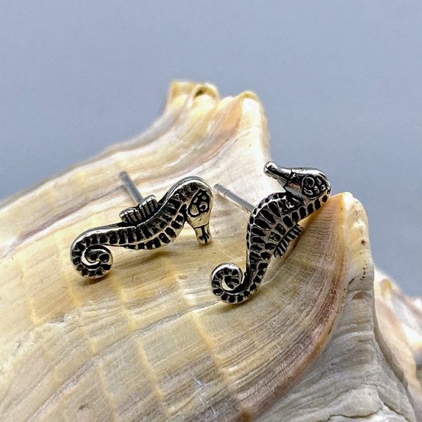 Oorknopjes 925 zilver maritiem zeepaardje klein zwart