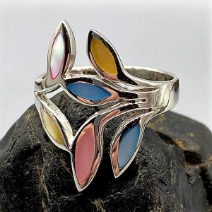 925 zilveren ring, glanzend met echt parelmoer, veelkleurig