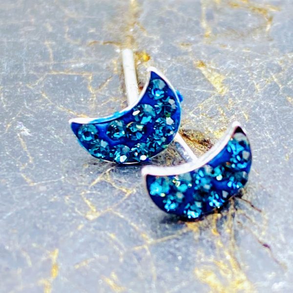 Oorknopjes 925 zilver met kristal, kleine maan, blauw