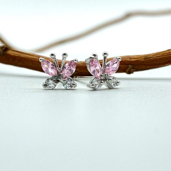 Oorknopjes 925 zilver met kristal, kleine vlinder, verschillende kleuren