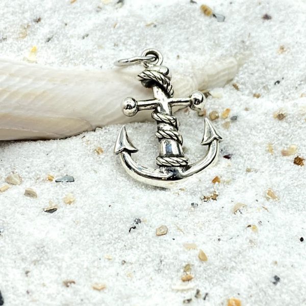Hanger 925 zilver maritiem anker groot glanzend met touw