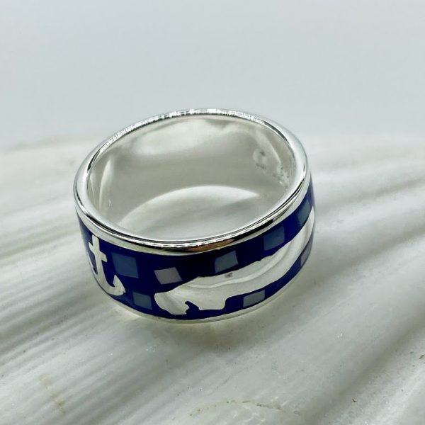 925 zilveren ring met maritieme motieven en "Norderney" gravure aan de binnenkant, nachtblauw