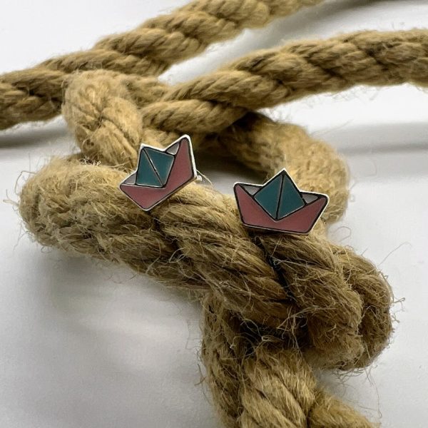 Ohrstecker 925 Silber Origami Boot emailliert blau/pink