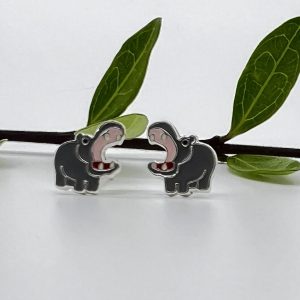 Ohrstecker 925 Silber Nilpferd emailliert grau