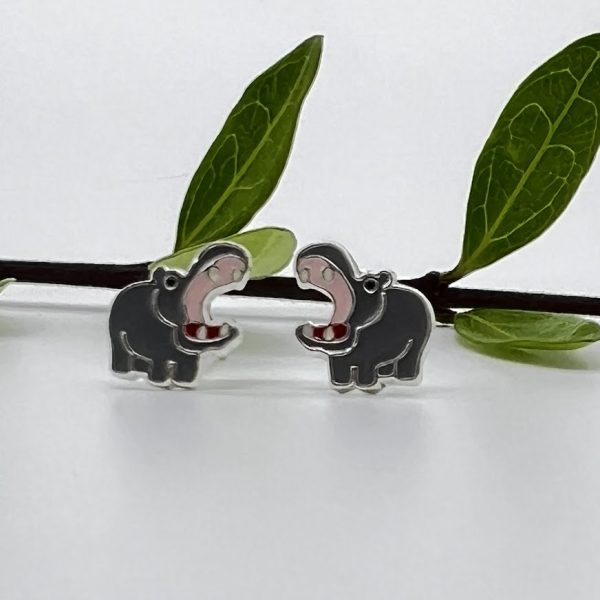 Ohrstecker 925 Silber Nilpferd emailliert grau