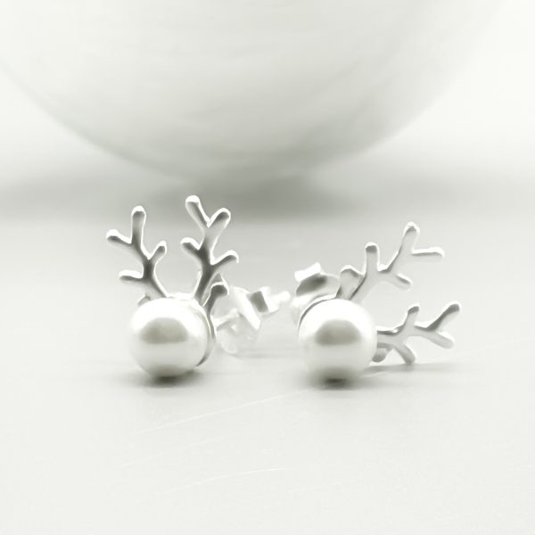 Ohrstecker 925 Silber Geweih mit weißer Perle Weihnachten
