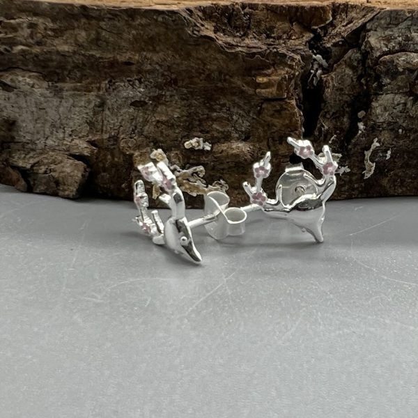 Ohrstecker 925 Silber emailliert Hirsch mit pinken Blumen
