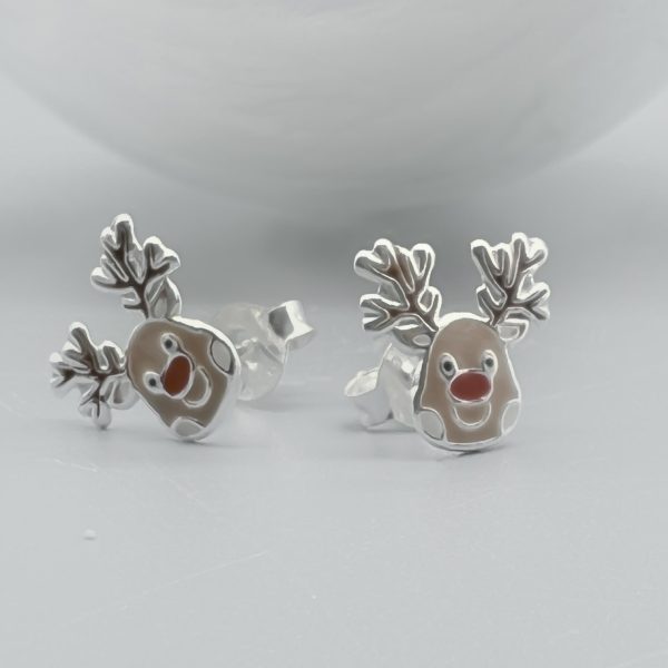 Ohrstecker 925 Silber emailliert Reintier beige mit roter Nase Weihnachten
