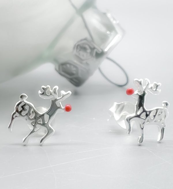 Ohrstecker 925 Silber Reintier mit roter Nase Weihnachten