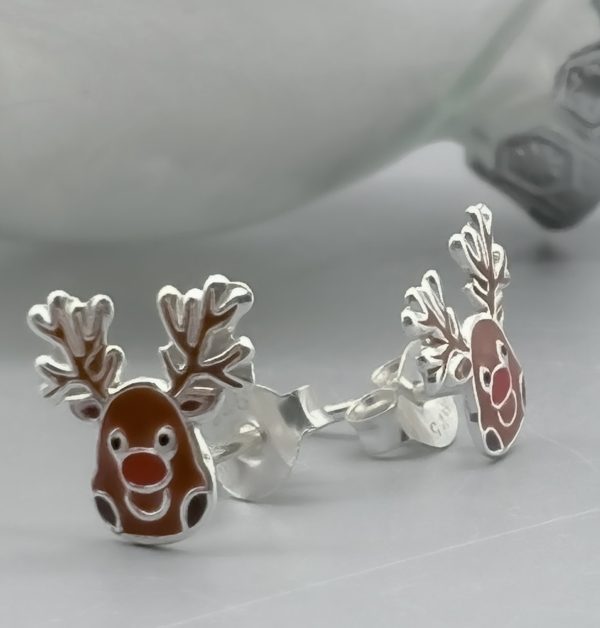 Ohrstecker 925 Silber emailliert Reintier braun mit roter Nase Weihnachten